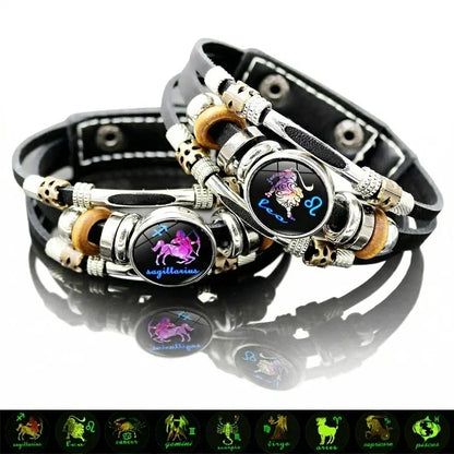 Braccialetto in pelle con 12 segni zodiacali fosforescenti per uomo e donna (175/206 cm)