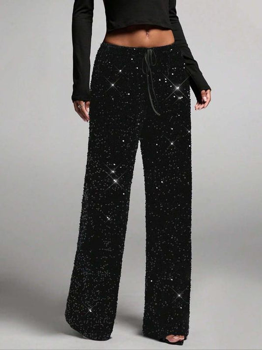 💖 ULTIMO GIORNO SALDI: 60% DI SCONTO! 🎉 Pantaloni da Donna a Gamba Larga con Paillettes – Vita Elastica, Tessuto Brillante & Confortevole ✨👖📦
