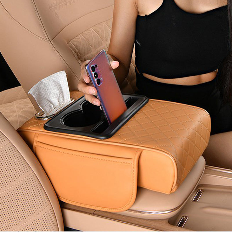 Cuscino Bracciolo Auto In Memory Foam Con Portabicchieri E Supporto Telefono, Pelle Impermeabile, Nero 35x21x9 Cm