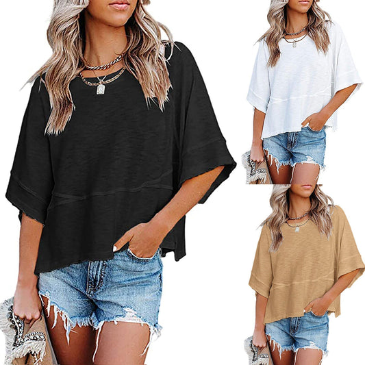 T-shirt da donna ampia a tinta unita con inserti e maniche svasate