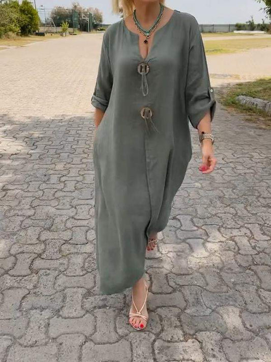 Abito casual a scollo a V in cotone e lino