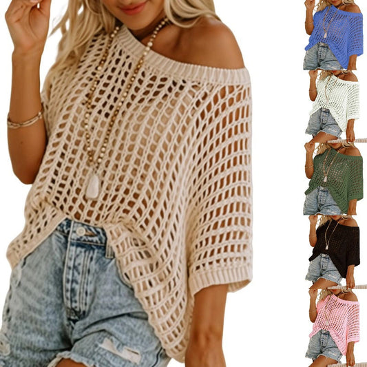 Top all’uncinetto casual traforato a maniche 3/4
