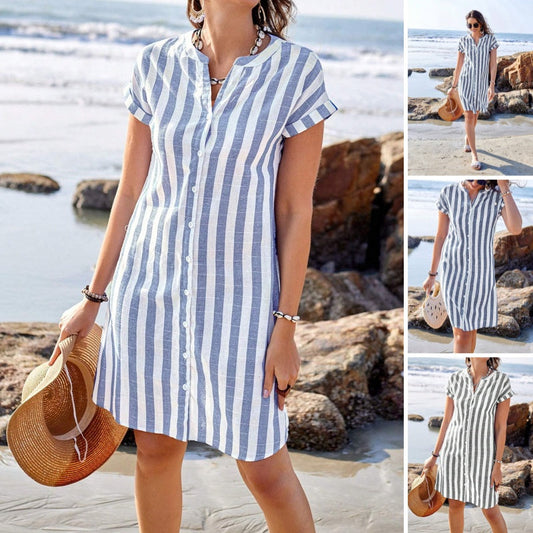 Vestito Da Donna A Camicia A Righe Con Bottoni