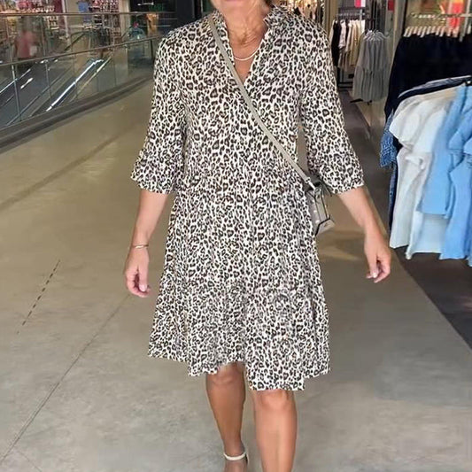 Vestito da Donna alla Moda con Stampa Leopardo, Scollo a V e Vestibilità Larga