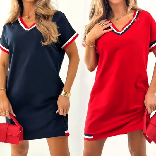 Abito midi a blocchi di colore con scollo a V