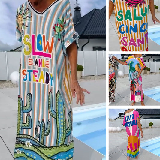 Abito da Donna alla Moda con Stampa, Manica Corta e Scollo a V