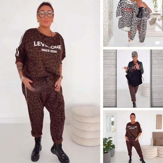 Set di top e pantaloni con stampa leopardata da donna