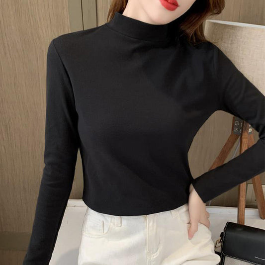 Maglia da Donna a Collo a Mezza Altezza e Maniche Lunghe a Colore Unito