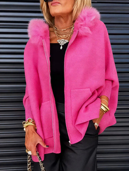 ⏳Sconto del 50% per un periodo limitato⏰Giacca casual da donna in tinta unita con collo in pelliccia🧥