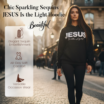 Felpa Chic con Cappuccio e Strass Scintillanti, Stampa “JESUS Is the Light”