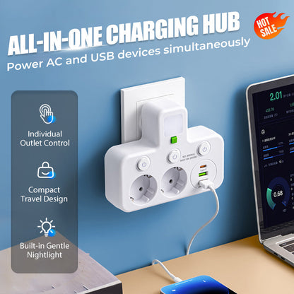 EU-Presa a 4 prese, Presa a parete multi-porta con interruttore indipendente e piccolo adattatore di luce notturna