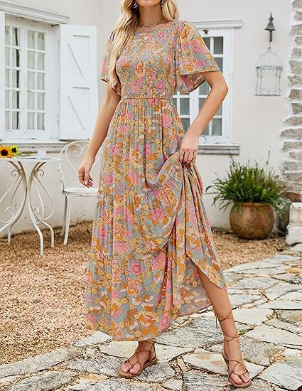 Abito lungo da donna casual con stampa floreale e maniche corte svolazzanti