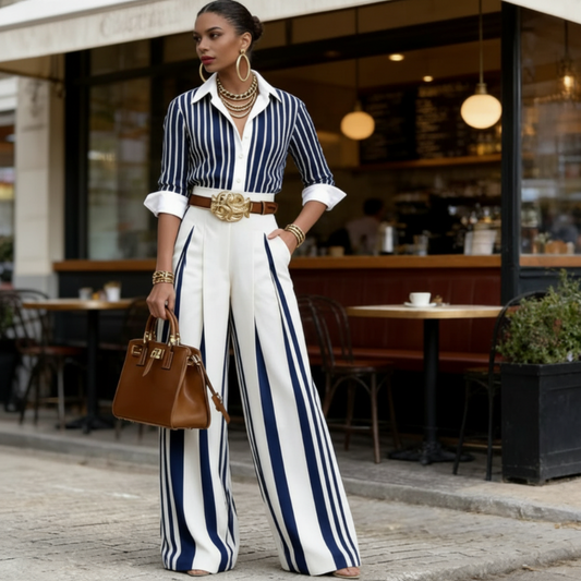 🎁Nuovi articoli con il 60% di sconto💥Completo composto da camicia a righe e pantaloni a gamba larga: comodo ed elegante per tutti i giorni.