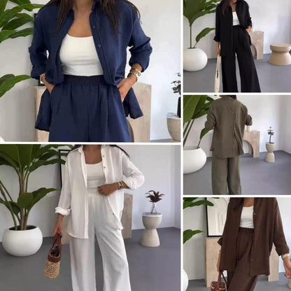 Completo da donna a due pezzi in tinta unita con camicia ampia e pantaloni a gamba larga