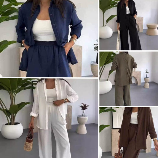 Completo da donna a due pezzi in tinta unita con camicia ampia e pantaloni a gamba larga