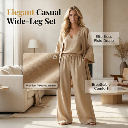 Completo elegante 3 pezzi: pantaloni a gamba larga, cardigan e top