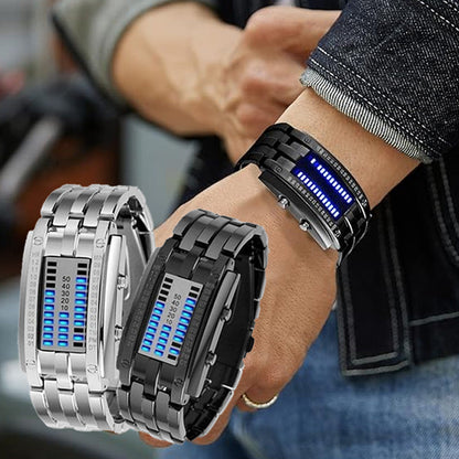 ⌚✨ Orologio da uomo Cool Binary in acciaio inossidabile con cinturino a LED, modello alla moda con luce blu🔵💙, orologio sportivo con placcatura sottovuoto