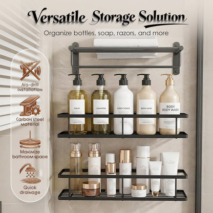 💥ULTIMO GIORNO DI SALDI -50%💥 Set di mensole da bagno senza fori 🧴🛁 – Acciaio al carbonio resistente alla ruggine, drenaggio rapido e organizer modulare