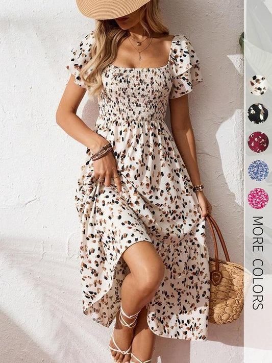 Abito midi floreale da donna con scollo quadrato e corpetto arricciato
