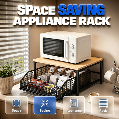 ✨ Supporto a 2 Ripiani per Microonde & Elettrodomestici 🍵📦 - Cassetto Estraibile | Struttura Ferro + Legno | Salvaspazio | 3 Colori | 50% DI SCONTO