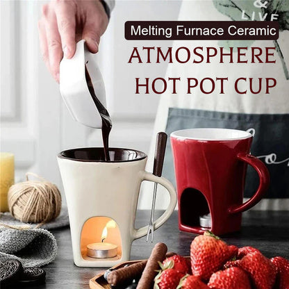 🍫 Tazza per Fonduta in Ceramica per Cioccolato e Formaggio 🫕 | Scaldacandela Integrato e Forchettina Inclusa 🍴 | 200ml, Mantiene Caldo e Fluido per Frutta e Dolci ✨