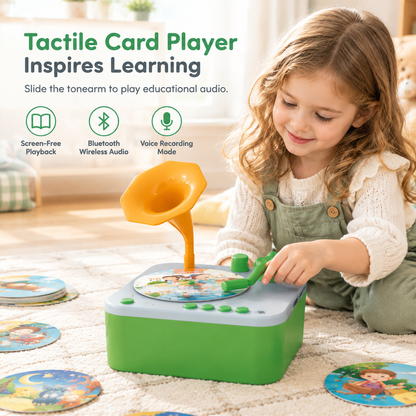 Mini giradischi per bambini con 24 schede resistenti in PVC, 56 storie, 14 brani di musica classica e 36 filastrocche